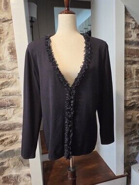 Escada Black V-Neck Cardigan with Polka Dot Ruffle Trim